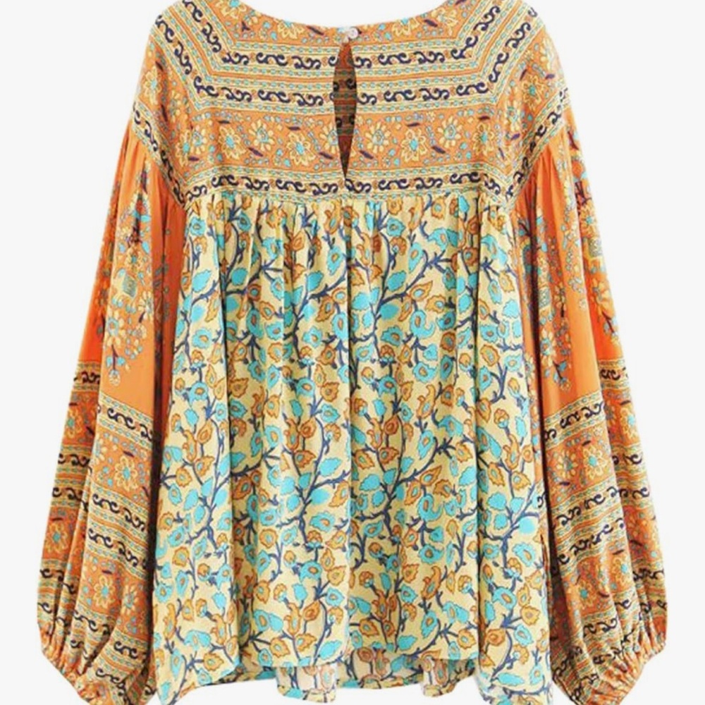 Bohemian Floral Blouse - Orange and Blue NWOT - Picture 3 of 7